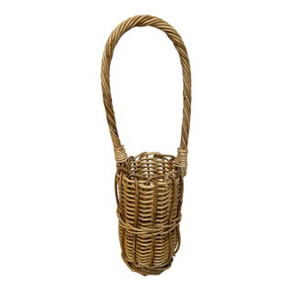 Vintage French Thick Rattan Woven Single Wine Bottle Basket For Sale