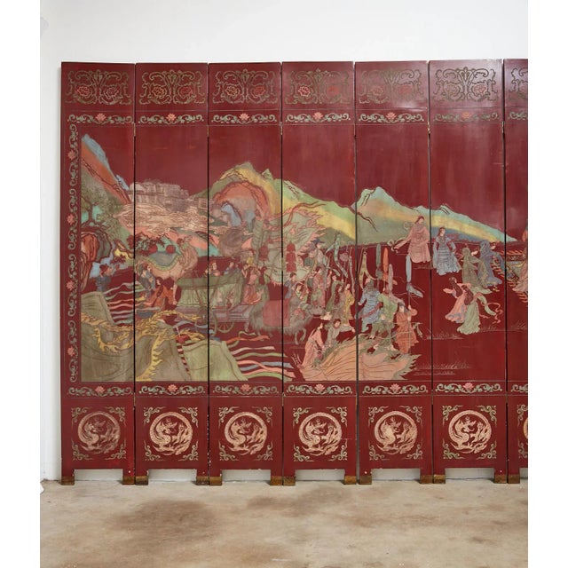 Figurative Chinese Twelve-Panel Red Lacquer Coromandel Screen of Xiwangmu For Sale - Image 3 of 13