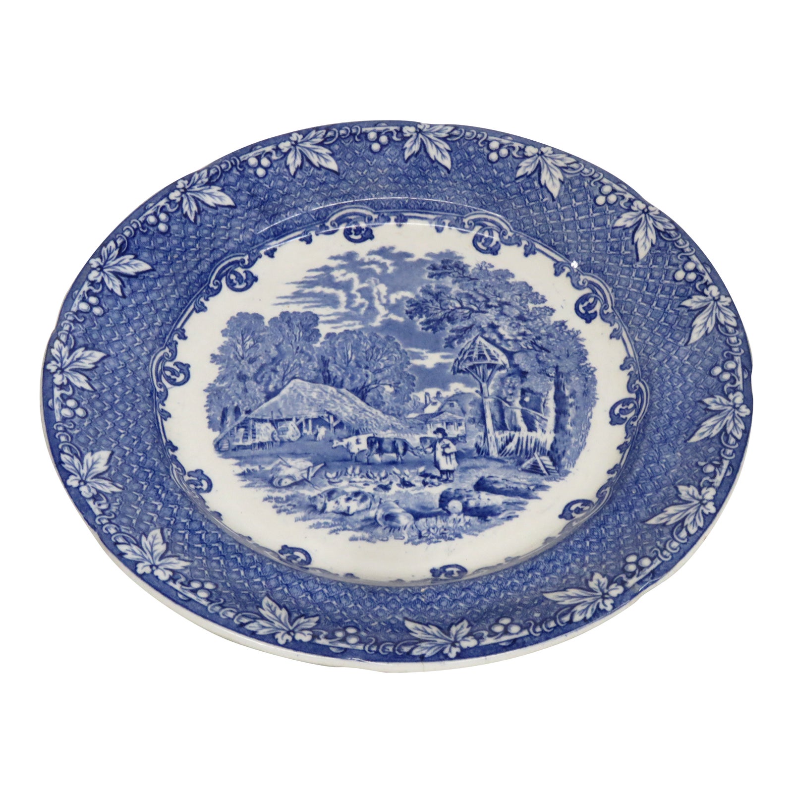 George Jones England Farm Pattern Blue Transferware Plate 4663b | Chairish