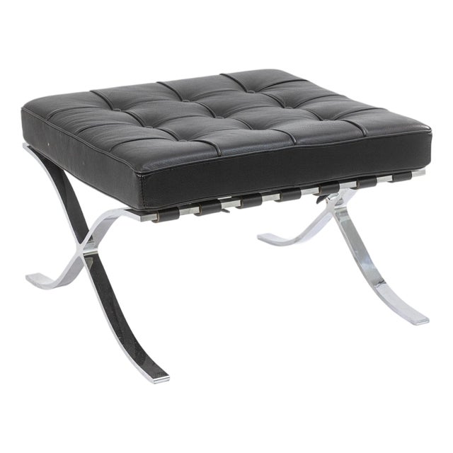 Contemporary Modern Barcelona Style Black Leather and Chrome Ottoman Footstool For Sale