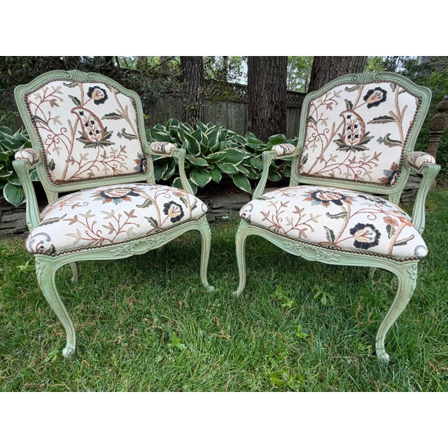 Pair of Custom Botanical Floral Crewel Work Painted Fauteuil Accent Chairs in Sage Green, Ochre and Teal For Sale - Image 4 of 18
