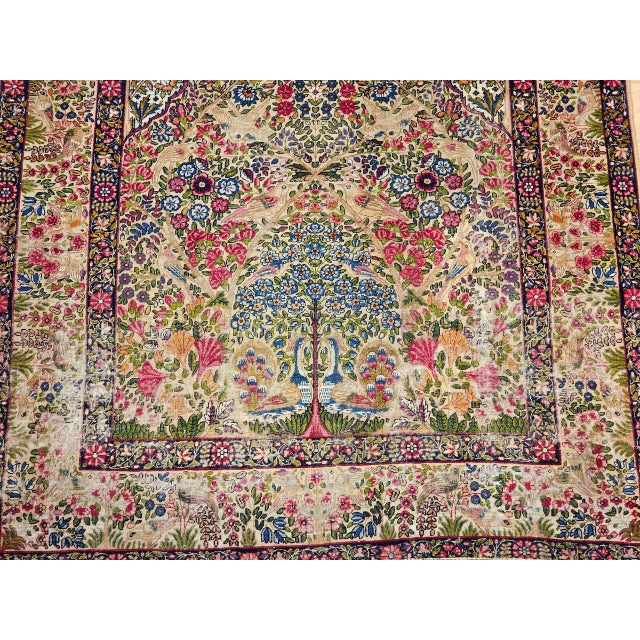 Antique Persian Kerman Lavar Rug, Hand-Knotted Wool, Tree of Life Pattern, Ivory & Turquoise, 5x8 For Sale - Image 9 of 14