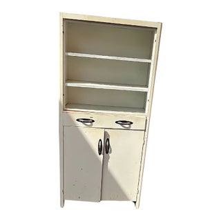 Vintage White Enamel Metal Kitchen Hutch Cabinet With Open Shelving For Sale