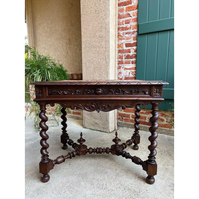 Antique French Sofa Table Writing Desk Barley Twist Carved Renaissance Tapestry For Sale - Image 10 of 18