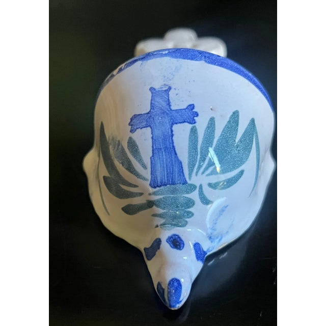 19th century French ceramic hand painted holy water font. Two holes are at the top to insert twine for hanging.