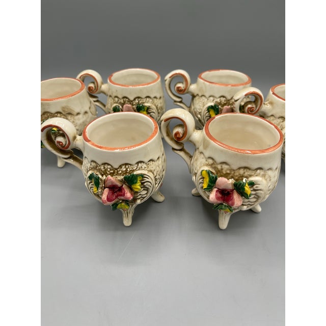 Ceramic Vintage Italian Capodimonte Porcelain Rose Pitcher Cups & Lidded Bowl - Set of 8 For Sale - Image 7 of 13