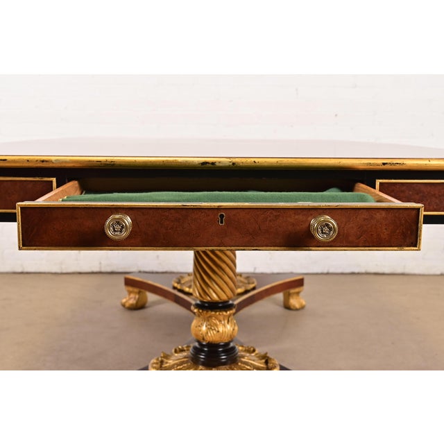 Baker Furniture Stately Homes Collection Mahogany, Burl Wood, and Parcel-Gilt Double Pedestal Extension Dining Table, Newly Restored For Sale - Image 13 of 18