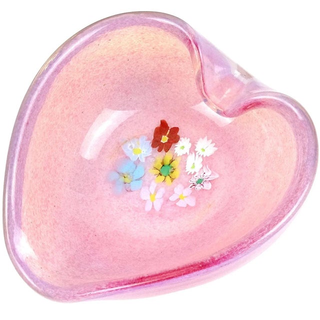 Glass Fratelli Toso Murano Vintage Millefiori Wild Flowers Pink Opalescent Italian Art Glass Heart Bowl For Sale - Image 7 of 7