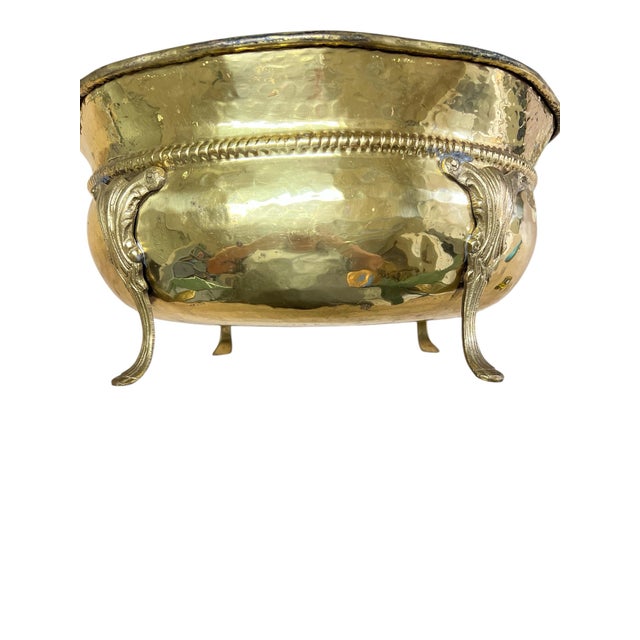 Vintage Large Hand Hammered Footed Brass Cachepot For Sale - Image 6 of 6