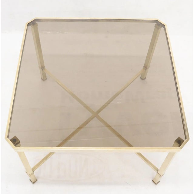 Mid-Century Modern Solid Polished Brass Square X Base Side Coffee Table with Smoked Glass top For Sale - Image 3 of 9