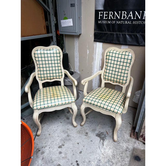 Up for consideration is a beautiful vintage pair of green gingham country core chairs. These would look lovely in your...