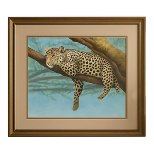 1990s Original Leopard Wildlife Painting – Framed Safari Luxe