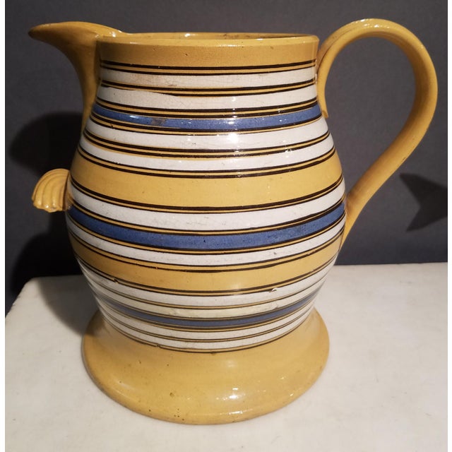Large Mocha Yellow Ware Jug With Blue, White and Brown Slip Bands and Shell Grip For Sale In Philadelphia - Image 6 of 10