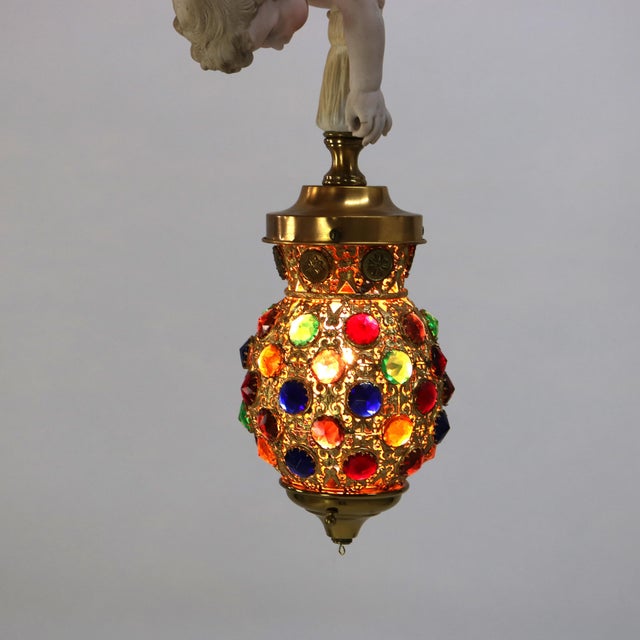 Metal Early 20th Century French Gilt Bronze, Brass & Bisque Figural Cupid Pendant Light & Jeweled Shade For Sale - Image 7 of 12