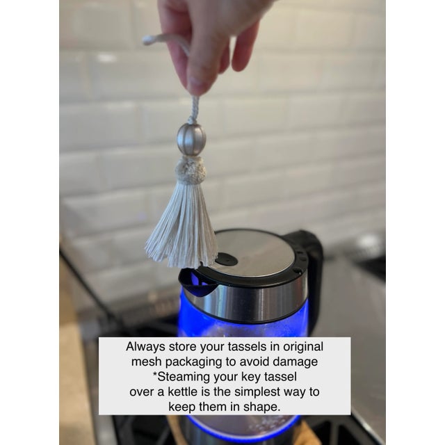 Petite Blue and White Beaded Key Tassel With Velvet Ruche For Sale - Image 14 of 15