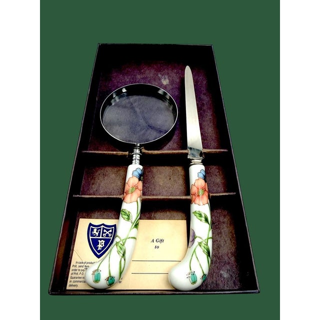 Late 20th Century Prill Sheffield England Floral Porcelain Magnifying Glass Letter Opener Set For Sale In Baton Rouge - Image 6 of 8