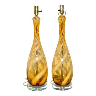 Vintage Mid 20th Century Murano Glass Table Lamps in Amber-Yellow and White - a Pair For Sale