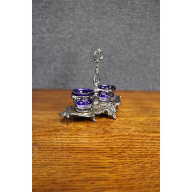 Late 19th Century Double Salt Cellar With Cobalt Blue Glass Liners, Rococo Revival For Sale - Image 11 of 13