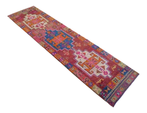 Colorful Kurdish Runner Rug Herki . Tribal Hand-Knotted Short Runner Rug - 2′11″ × 11′5″