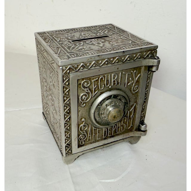 Art Deco Antique 19th Century Ornate Cast Iron Security Safe Deposit Lockable Still Bank For Sale - Image 3 of 12