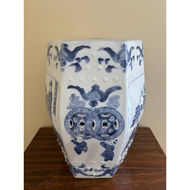 Blue Blue and White Porcelain Chinoiserie Hexagonal Garden Stool or Side Table For Sale - Image 8 of 11