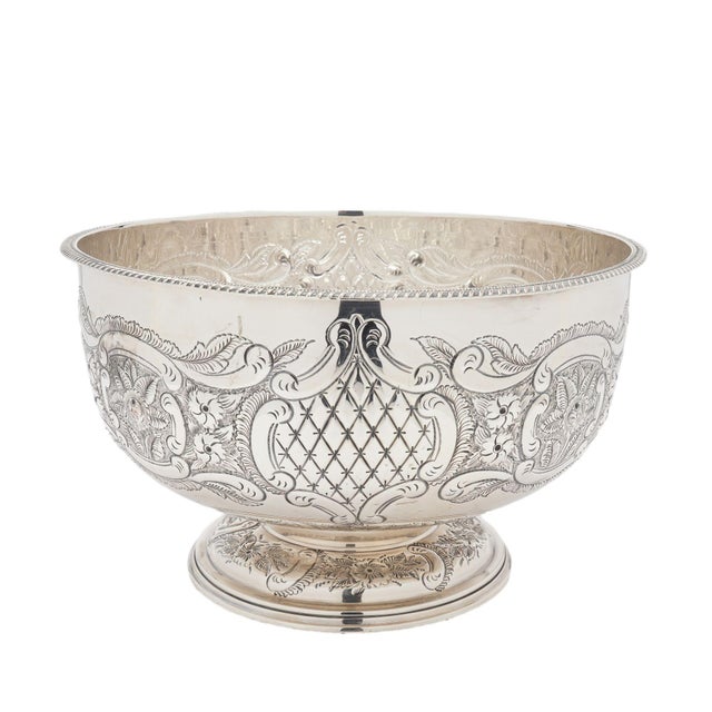 Metal Vintage Hand Chased English Sheffield Punch Bowl & Tray, C. 1900-50 For Sale - Image 7 of 12