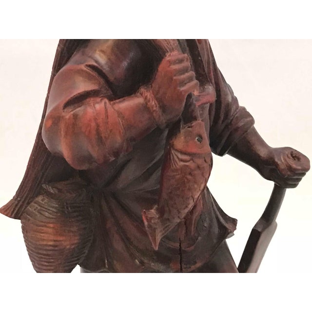 Antique Rosewood Carved Chinese Fisherman Figurine For Sale - Image 6 of 9