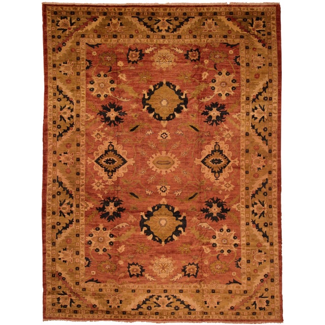1980s Rustic Southwestern Kafkaz Peshawar Rebbecca Rose/Tan Wool Rug - 12'2 X 16'3 For Sale