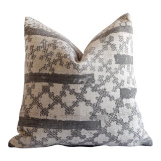 Vintage Batik Accent Pillow Charcoal and Natural Linen For Sale