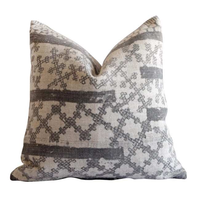 Vintage Batik Accent Pillow Charcoal and Natural Linen For Sale