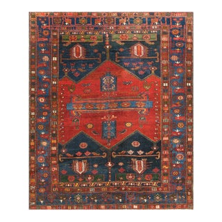1920s Red Blue Geometric Antique Persian Malayer " Tousirkan " Rug 5' X 6' Handknotted Wool Carpet For Sale