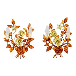 French Gilt Tole Scrolling Foliate Wall Lights with Cream Roses, 1940s, Set of 2 For Sale