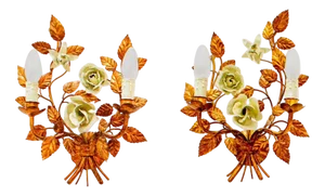 French Gilt Tole Scrolling Foliate Wall Lights with Cream Roses, 1940s, Set of 2