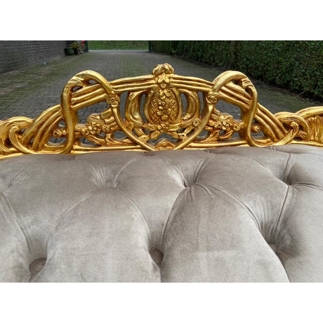 Late 20th Century French Louis XVI Gold Beech Settee Tan Velvet For Sale - Image 6 of 11