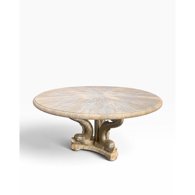 Wood Vintage Hollywood Regency Round Tessellated Stone Dining Table With Sculptural Dolphin Pedestal For Sale - Image 7 of 11