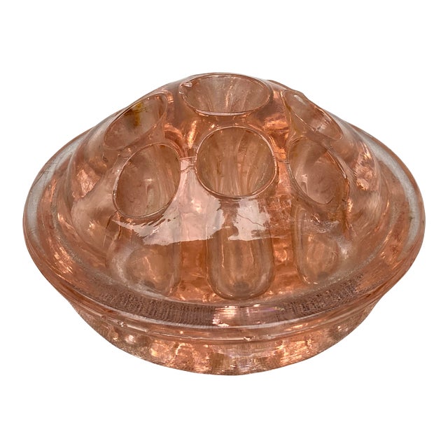 Early 20th Century Pink Footed Depression Glass Flower Pin Frog For Sale