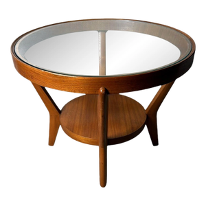 1960s Halabala Style Czechoslovak Round Wooden and Glass Coffee Table