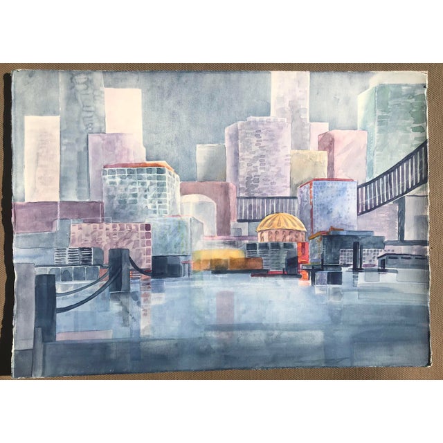 "City Harbor" watercolor painting by artist Ingrid Hofer (1926-2019). Unsigned.