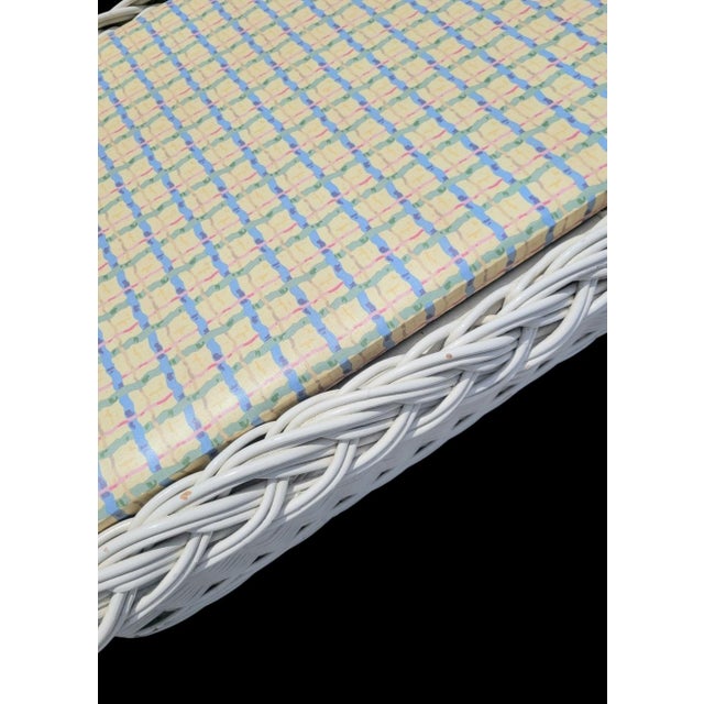 Vintage Huge Braided Off White Wicker Upholstered Yellow Blue Plaid Regency Bench For Sale - Image 9 of 10