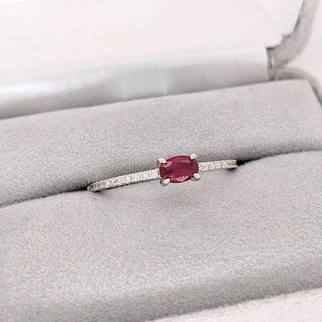 2020s Ruby & Diamond Ring in 14k White Gold, Oval 5×4mm – Dainty East West Ring, Size 6.75 For Sale - Image 5 of 10