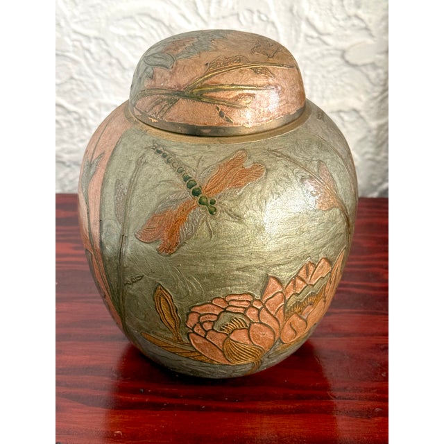 Chinoiserie Late 20th Century Brass and Enamel Ginger Jar With Dragonfly and Peonies For Sale - Image 3 of 8