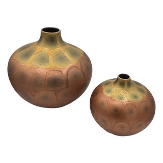 1970s Art Nouveau Weller Style Iridescent Amber & Gold Raku Fired Vase, Pair For Sale