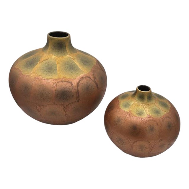 1970s Art Nouveau Weller Style Iridescent Amber & Gold Raku Fired Vase, Pair For Sale