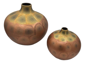 1970s Art Nouveau Weller Style Iridescent Amber & Gold Raku Fired Vase, Pair