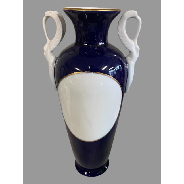 Blue Haas & Cajzek Cobalt Blue Vase Large Czech Porcelain Swan Urn Vintage 14.5" Tall For Sale - Image 8 of 10