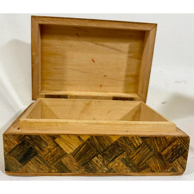 Wood Small Vintage Hand-Crafted Wooden Box Adorned With a Pair of Scotties and Intricate Parquet Patterns From England - Circa 1940’s For Sale - Image 7 of 10
