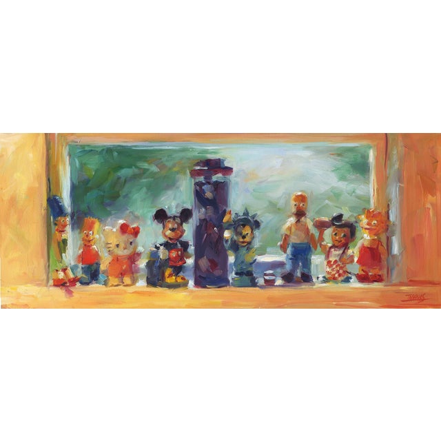 This oil painting presents a vibrant arrangement of whimsical characters lined up on a kitchen shelf, each rendered in...