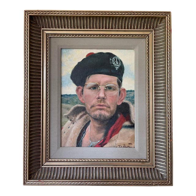 Vintage Portrait Painting of a Man in a Military Beret | Chairish