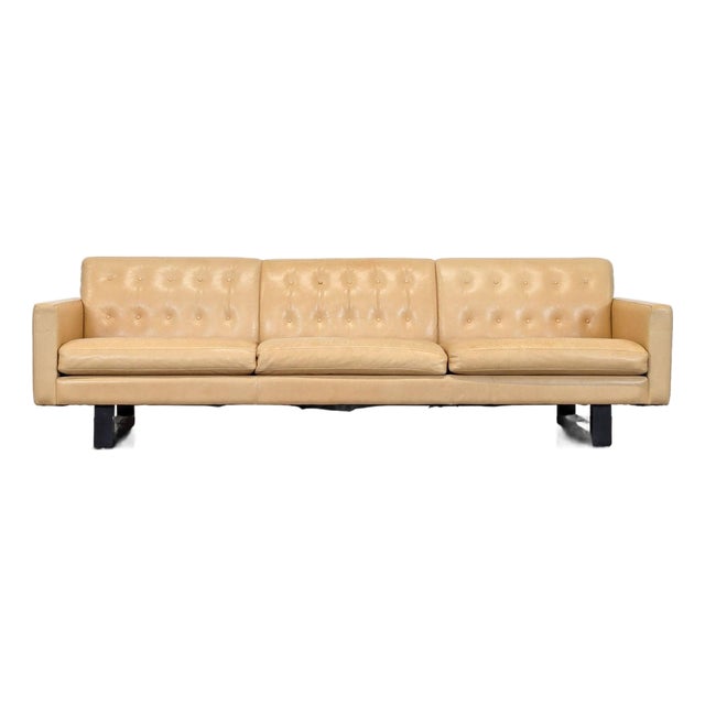 Room & Board Wells 3-Seat Tan Leather Sofa With Button Tufted Back For Sale
