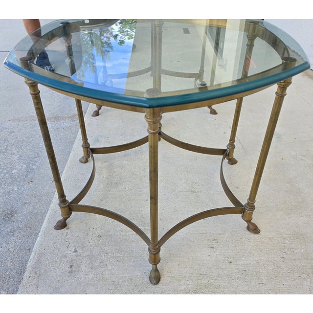 1970s Vintage Labarge Side Tables Brass Glass Hoof Footed Octagonal Pair For Sale - Image 5 of 17